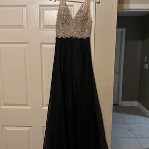 ECI Black and Cream Lace Evening Dress with Beaded Accents